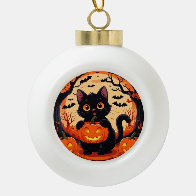 Cartoon Cat und Pumpkins unter Vollmond Keramik Kugel-Ornament (Vorderseite)