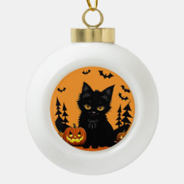 Cartoon Cat und Pumpkins unter Vollmond Keramik Kugel-Ornament