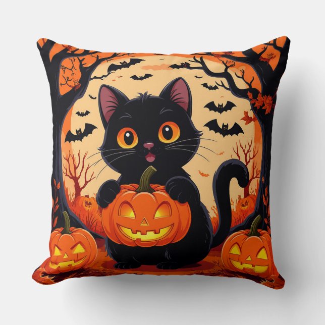 Cartoon Cat und Pumpkins unter Vollmond Kissen (Vorderseite)