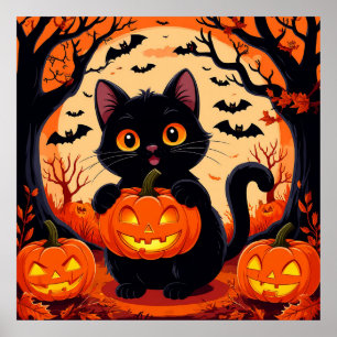 Cartoon Cat und Pumpkins unter Vollmond Poster
