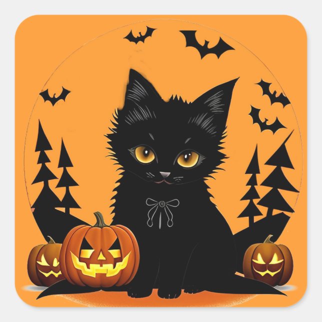 Cartoon Cat und Pumpkins unter Vollmond Quadratischer Aufkleber (Vorderseite)
