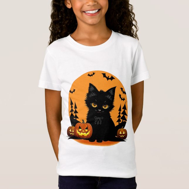 Cartoon Cat und Pumpkins unter Vollmond T-Shirt (Vorderseite)