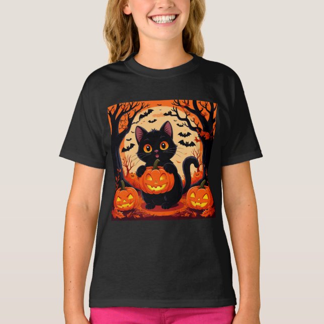 Cartoon Cat und Pumpkins unter Vollmond T-Shirt (Vorderseite)
