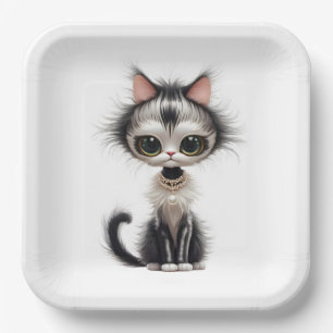 Cartoon Cat with Pearl Necklace Pappteller