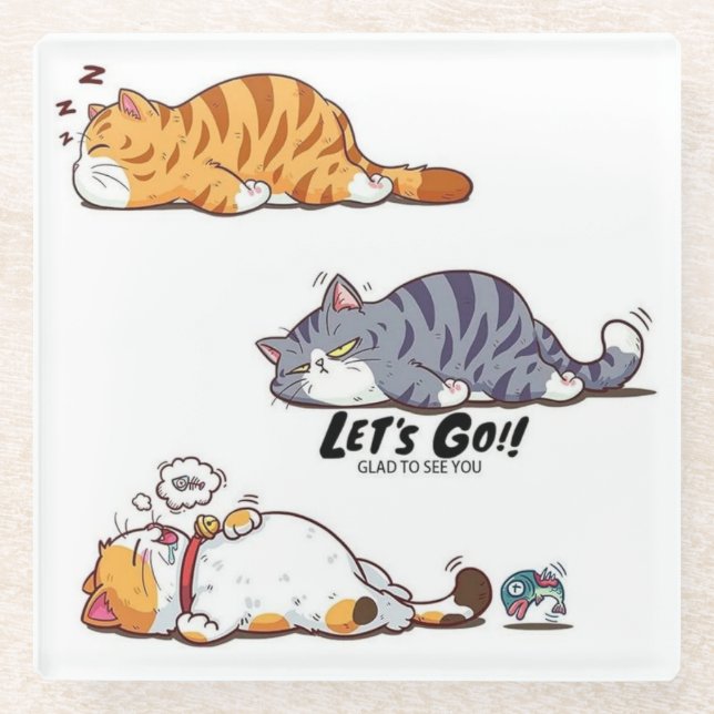 Cartoon Cats "LET’S GO!!" Coaster Glasuntersetzer (Vorderseite)