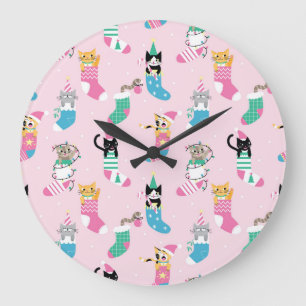 Cartoon Cats Weihnachten Nahtloses Muster Große Wanduhr