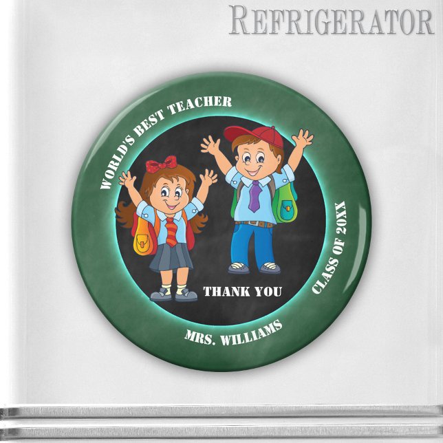 Cartoon Chalkboard Lehrer Danke Magnet (Cute cartoon magnet featuring happy kids on a blackboard - teacher appreciation - end of the year)