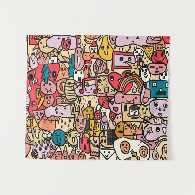 Cartoon Character Hand Drass Muster Wandteppich (Vorderseite (Horizontal))