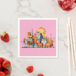 Cartoon City Pink Napkins - farbenfroh animiert Serviette
