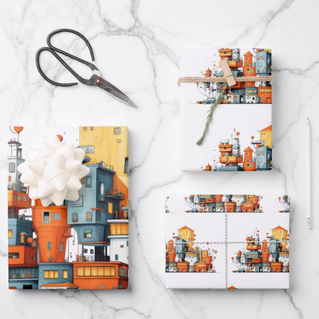 Cartoon City Wrapping Paper - farbenfroh animiert Geschenkpapier Set (Vorderseite)
