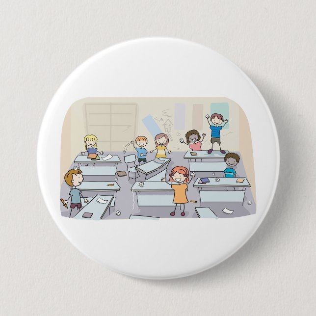Cartoon Classroom Chaos With Wild Students Button (Vorderseite)