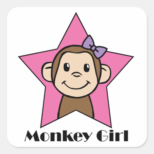 Cartoon Clip Art Lächeln Monkey Girl Pink Star Bow Quadratischer Aufkleber (Vorderseite)