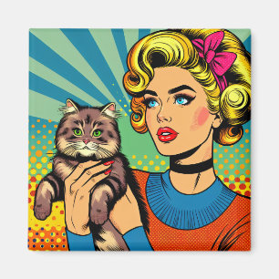 Cartoon-Comic-Pop-Art-Frau hält Katze Magnet