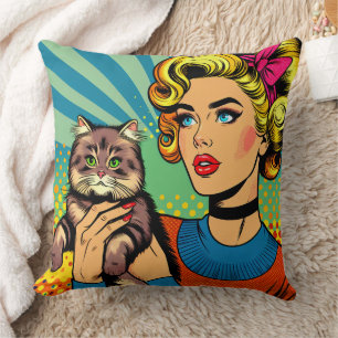 Cartoon-Comic-Pop-Art-Frau-mit-Katze Kissen