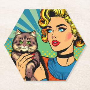 Cartoon-Comic-Pop-Art-Frau mit Katze Untersetzer