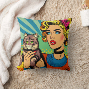 Cartoon-Comic-Pop-Art-Frauen mit Katze Kissen