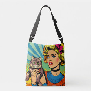 Cartoon-Comic-Pop-Art-Frauen und Katze Tragetaschen Mit Langen Trägern