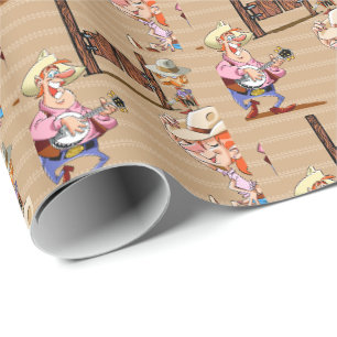 Cartoon Country Bar Banjo Cowgirl Sherrif Geschenkpapier