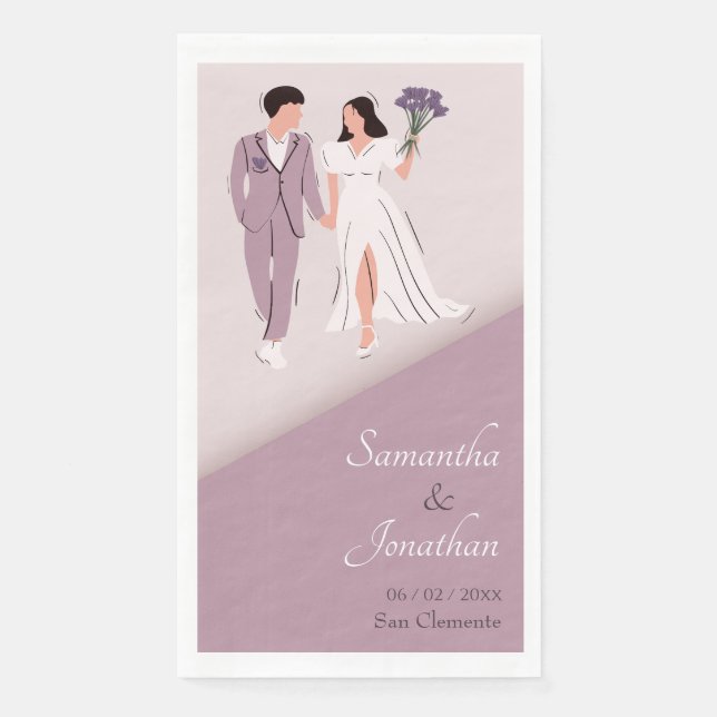 Cartoon Couple in Lila Hochzeit Serviette (Vorderseite)