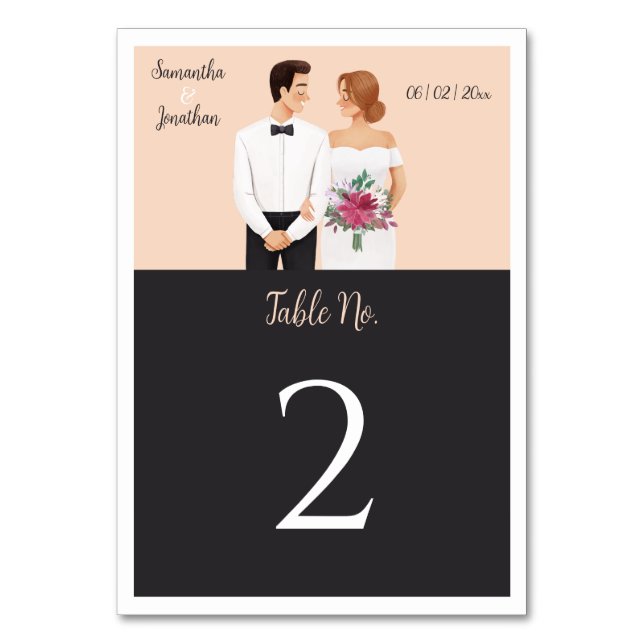 Cartoon Couple Modern Wedding Tischnummer Card (Vorderseite)