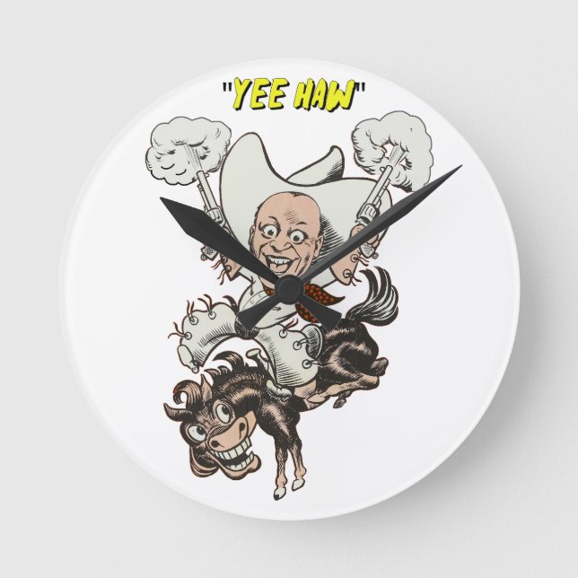 Cartoon Cowboy Schießen Pistolen Reiten Kunst Runde Wanduhr (Vorderseite)