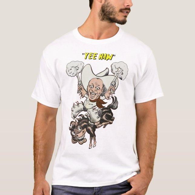Cartoon Cowboy Schießen Pistolen Reiten Kunst T-Shirt (Vorderseite)