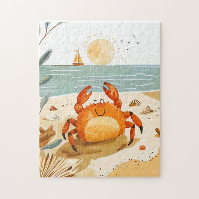 Cartoon Crab on Beach mit Boot im Hintergrund Puzzle (Vertikal)