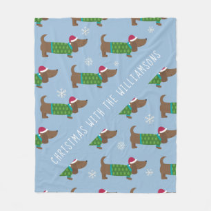 Cartoon Daschund Christmas Scene Fleece Blanket