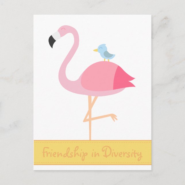 Cartoon der Freundschaft: Rosa Flamingo mit Blauem Postkarte (Vorderseite)