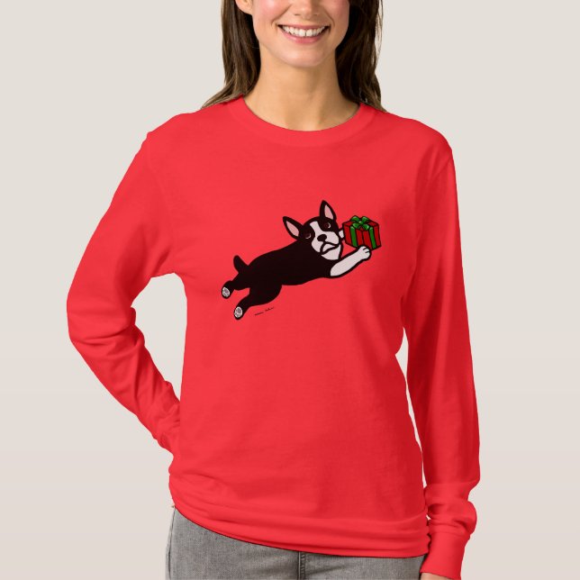 Cartoon des Boston-Terrier-Weihnachten2 T-Shirt (Vorderseite)