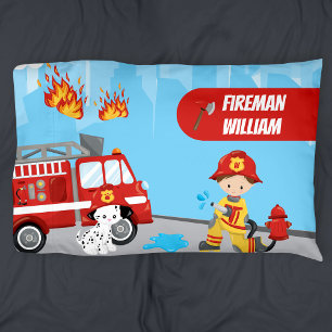 Cartoon des Kleinen Jungen Feuerwehrmann mit Vorna Kissenbezug