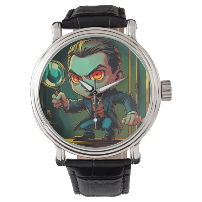 Cartoon Detektiv Themed Watch Armbanduhr (Vorderseite)