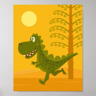 Cartoon Dinosaur Hot Sun Jurassic Woodland Poster