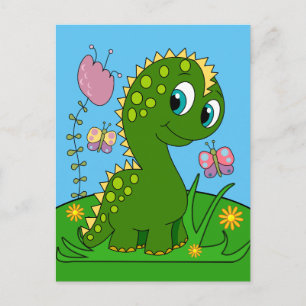 Cartoon Dinosaurier, Blume und Schmetterlinge Postkarte