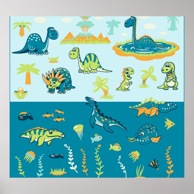 Cartoon Dinosaurier: Land & Meer Set Poster (Vorne)