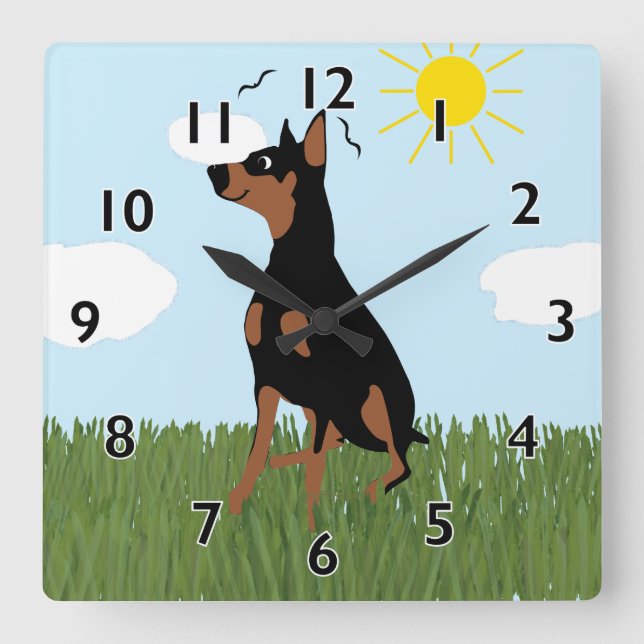 Cartoon Doberman Sitting Quadratische Wanduhr (Vorderseite)