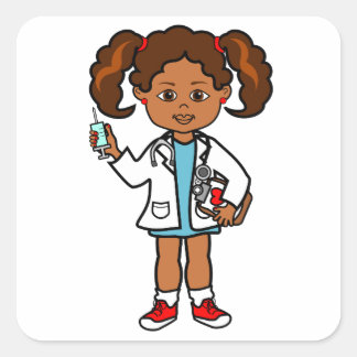 Cartoon Doctor Girl mit großer Nadel Quadratischer Aufkleber