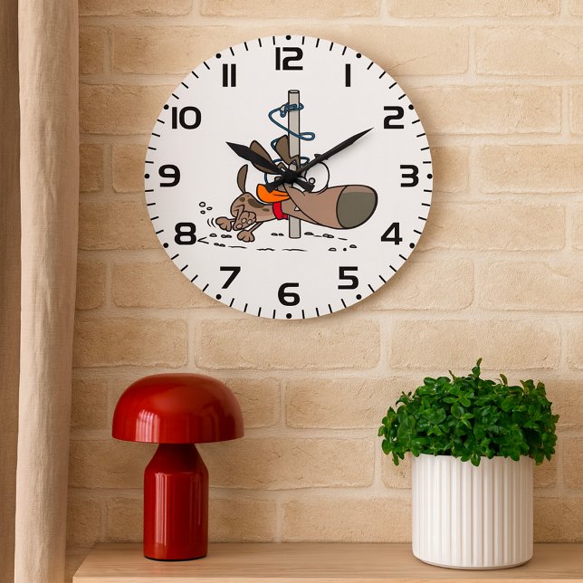 Cartoon Dog geknallt um den Pole mit Leine Große Wanduhr (Von Creator hochgeladen)