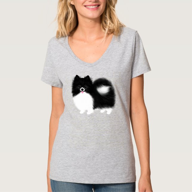 Cartoon Dog in Schwarz/Weiß-Spitz T-Shirt (Vorderseite)