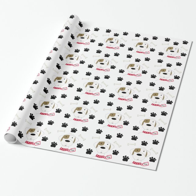 Cartoon Dog mit Paw Prints Geschenkpapier (Ungerollt)