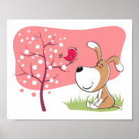 Cartoon Dog Puppy Bird Blume Blühen rosa Frühling