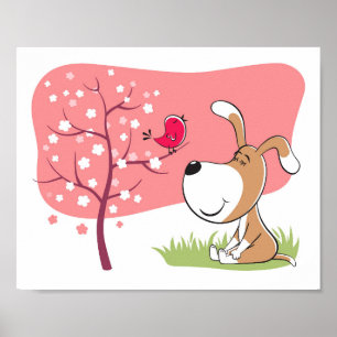 Cartoon Dog Puppy Bird Blume Blühen rosa Frühling Poster