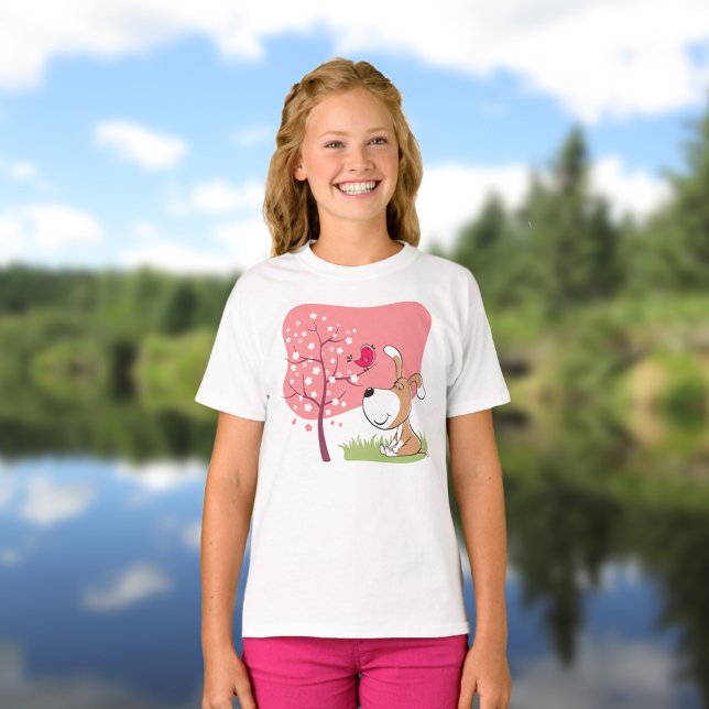 Cartoon Dog Puppy Bird Blume Blühen rosa Frühling T-Shirt (Von Creator hochgeladen)
