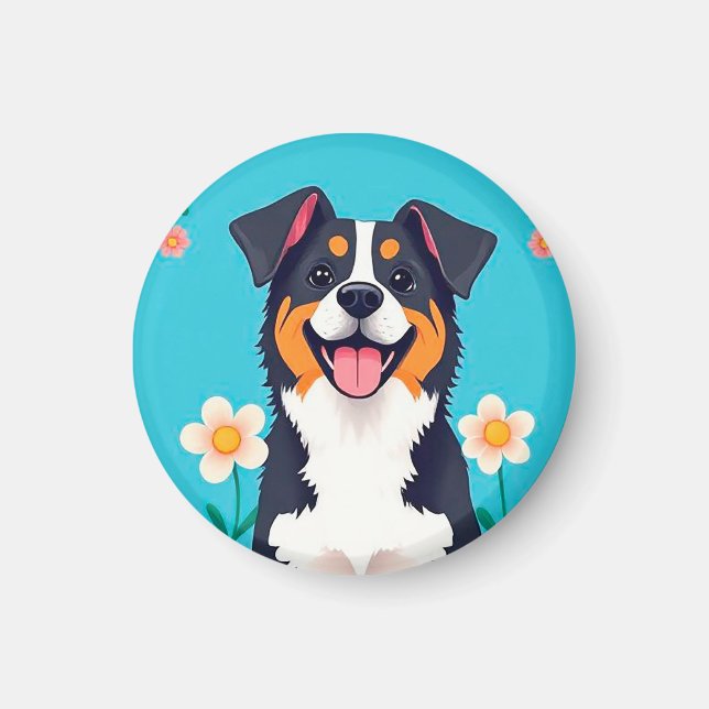 Cartoon Dog umgeben von Blume Magnet (Vorne)