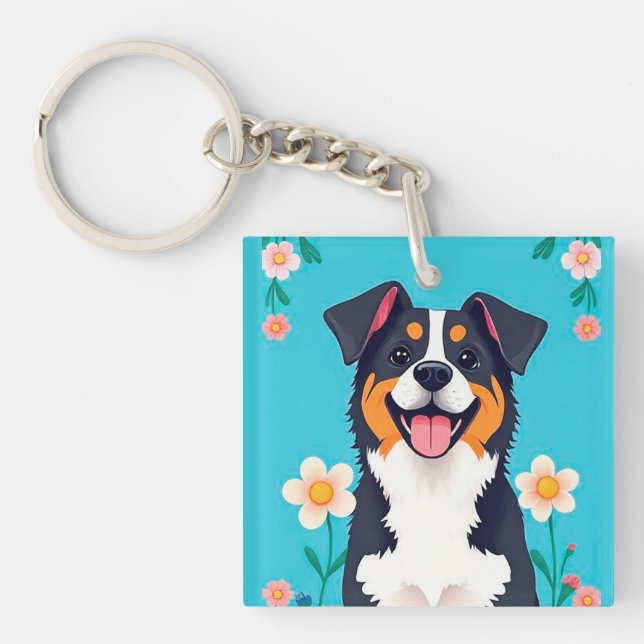 Cartoon Dog umgeben von Blume Schlüsselanhänger (Vorderseite)