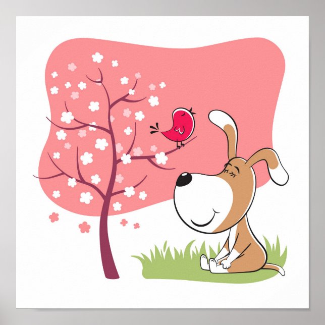 Cartoon Dog Welpe Bird Blogs Blume Rosa Frühling Poster (Vorne)