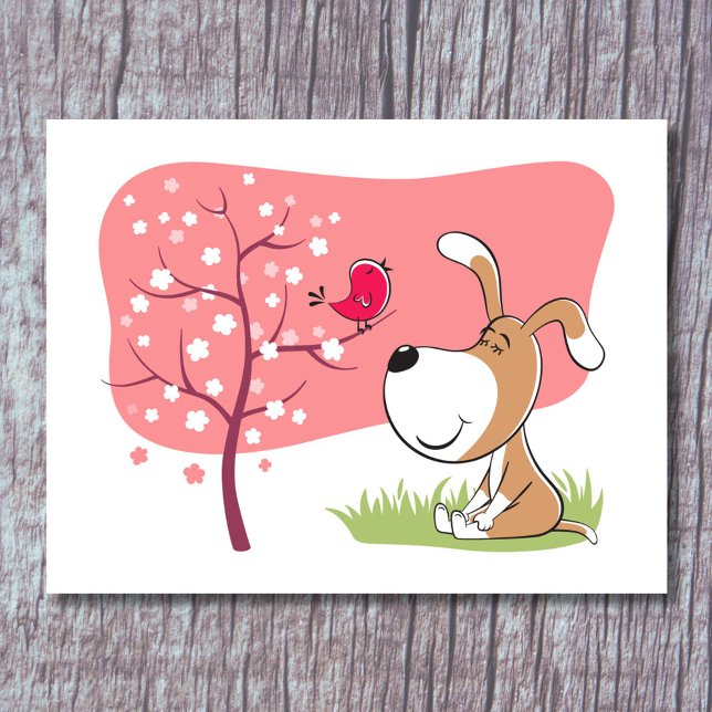 Cartoon Dog Welpe Bird Blossom Rosa Blume Tree Postkarte (Von Creator hochgeladen)