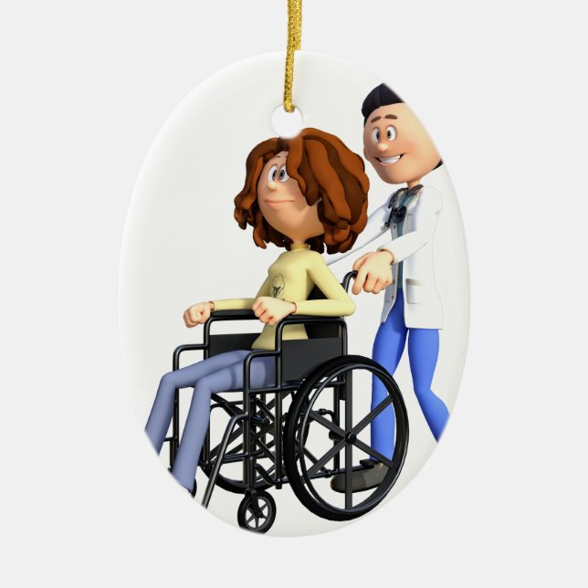 Cartoon-Doktor Wheeling Patient In Wheelchair Keramikornament (Vorne)