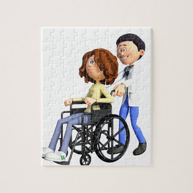 Cartoon-Doktor Wheeling Patient In Wheelchair Puzzle (Vertikal)