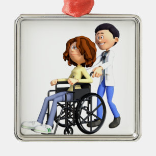 Cartoon-Doktor Wheeling Patient In Wheelchair Silbernes Ornament